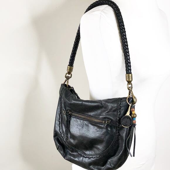 The Sak Black Shoulder Bag  Leather  Exterior Zip Pocket Light Interior - Picture 1 of 9